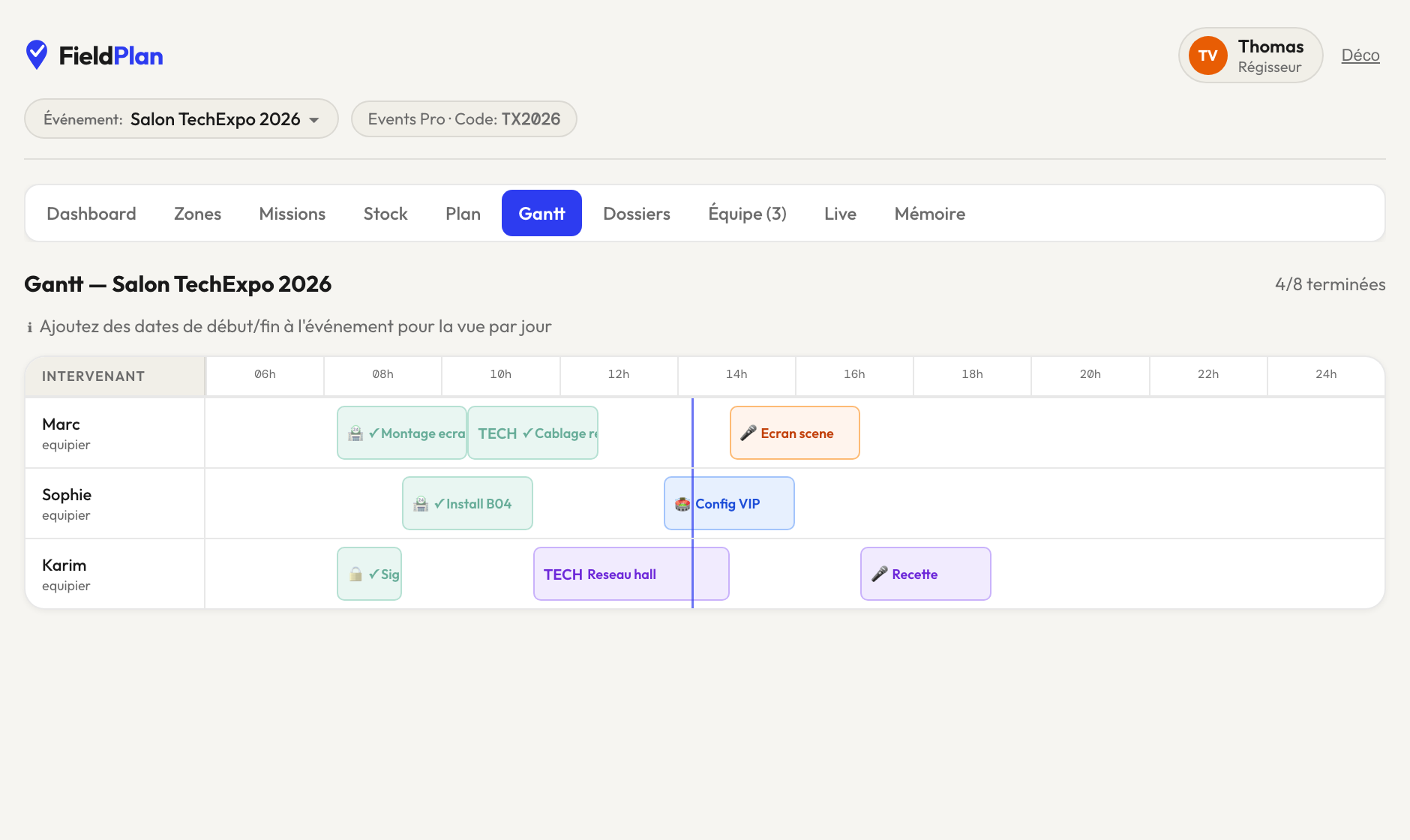 Planning Gantt — vue régisseur